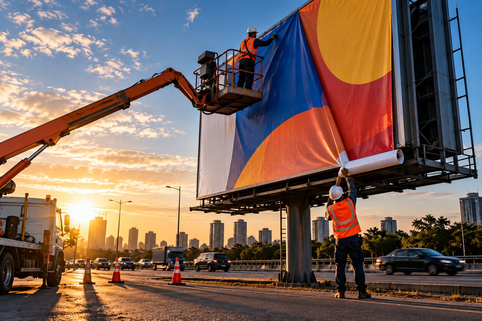 A crew on a boom lift installing new artwork on a roadside billboard at sunrise