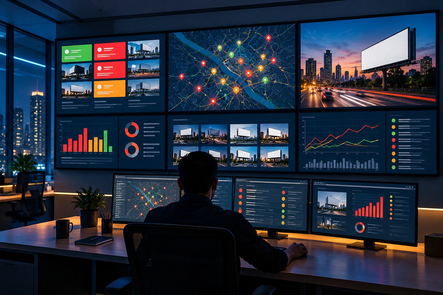An operator at a wall of screens showing asset status, a city map, campaign photos and revenue charts