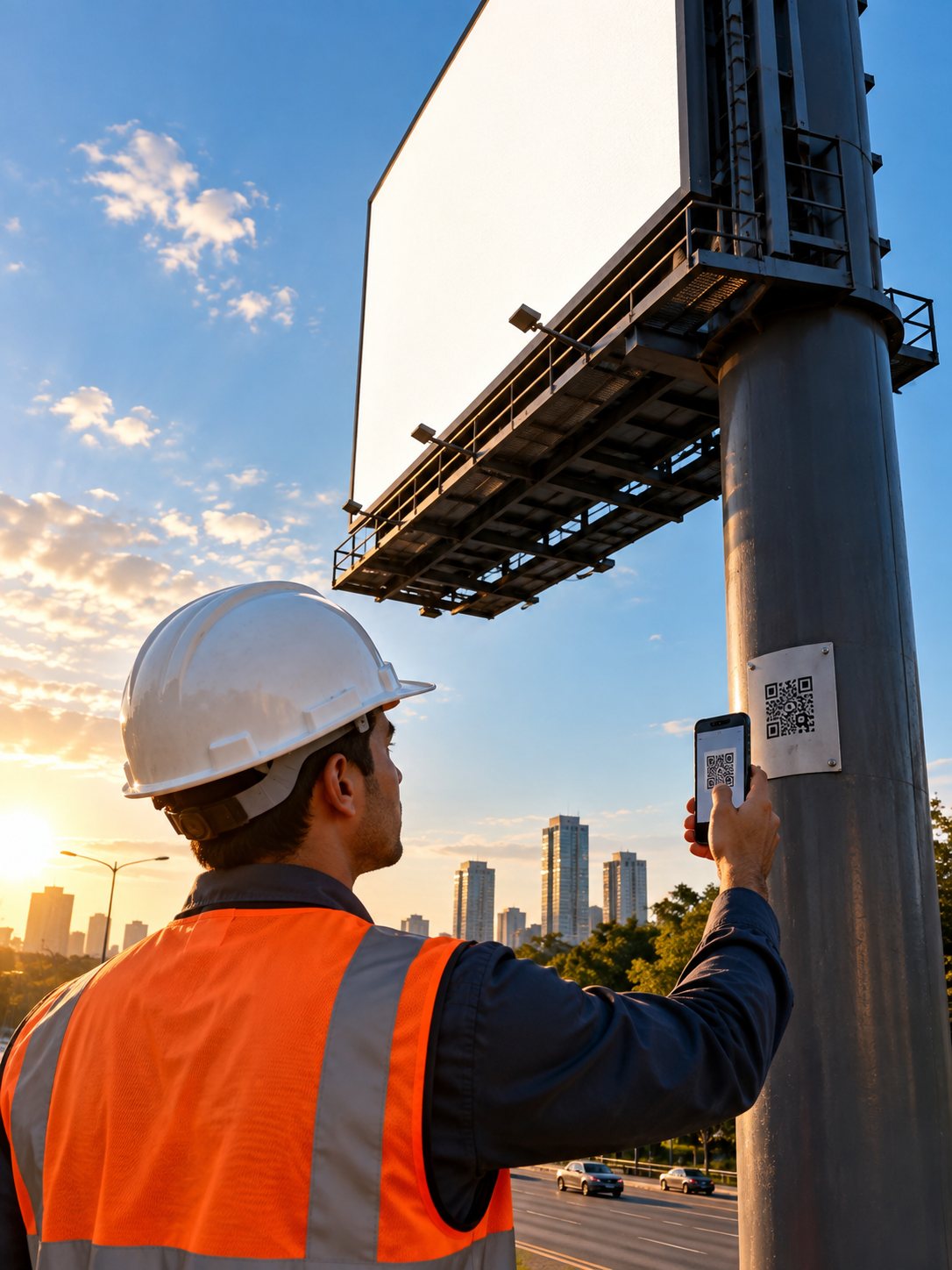 Photograph — field engineer scanning a QR tag on an asset