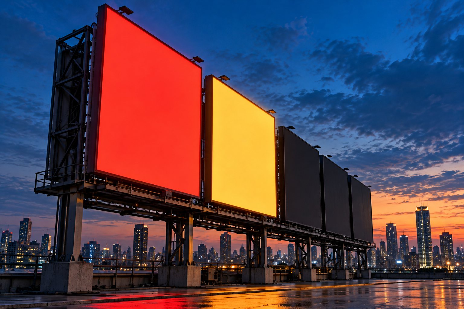 A row of blank billboards lit at dusk above a city skyline