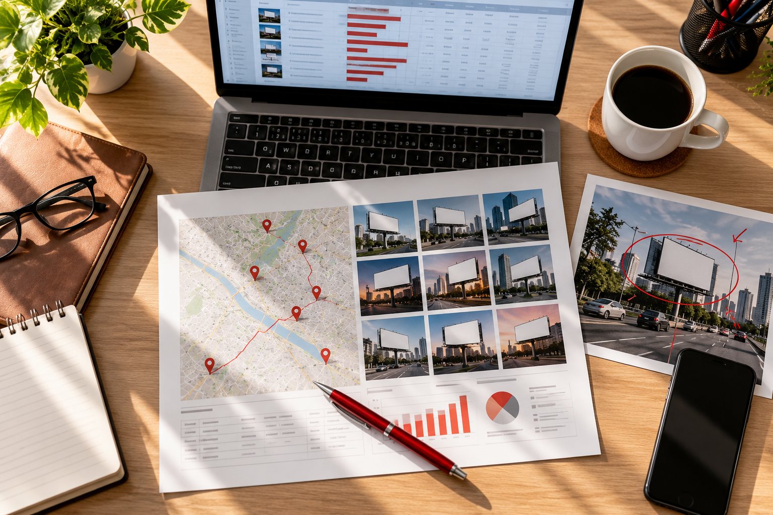 A printed proposal with a site map, asset photos and pricing charts on a desk beside a laptop