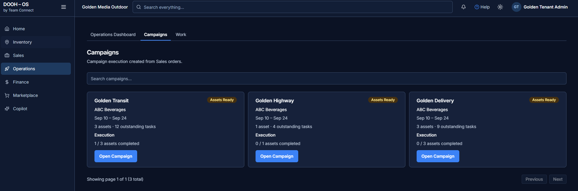Campaigns screen with three campaign cards showing dates, asset counts, outstanding tasks and execution progress