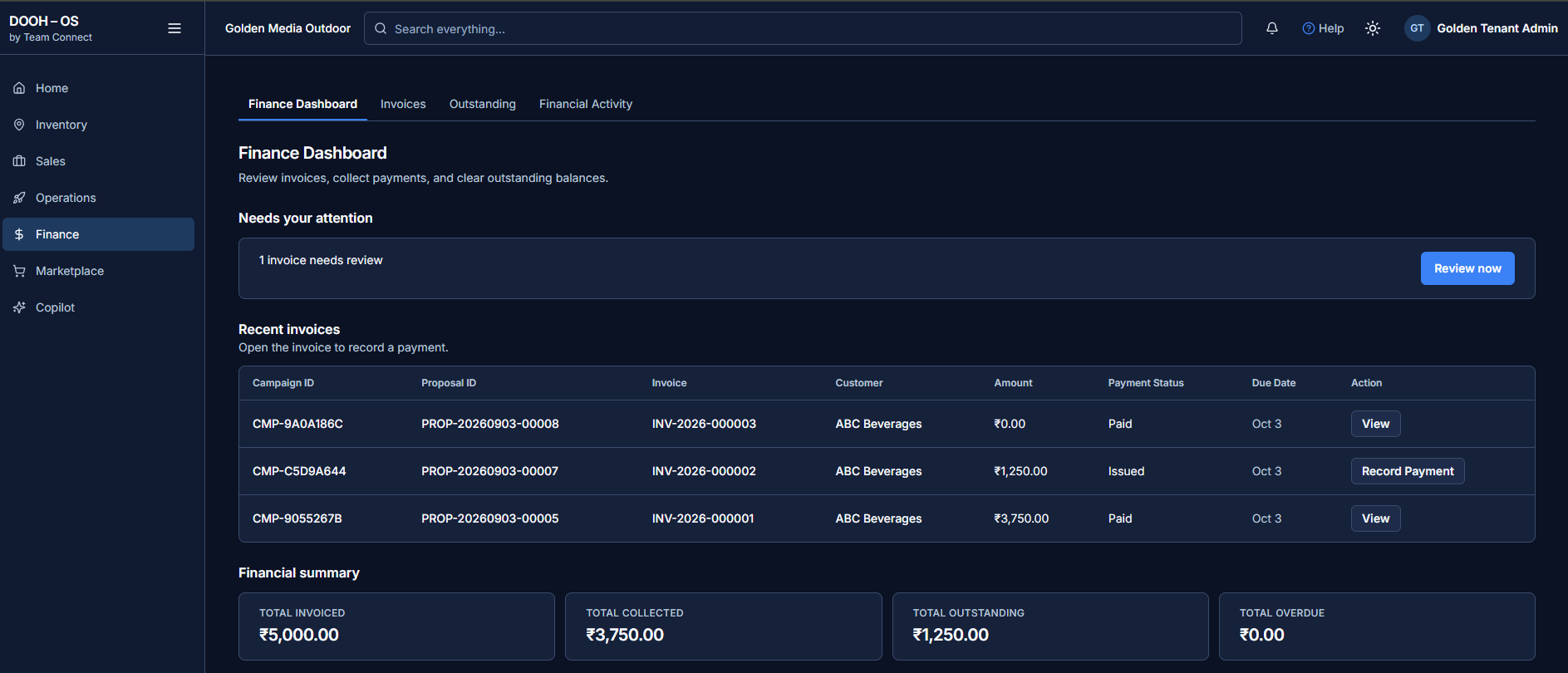 Finance dashboard with recent invoices, payment statuses and a financial summary