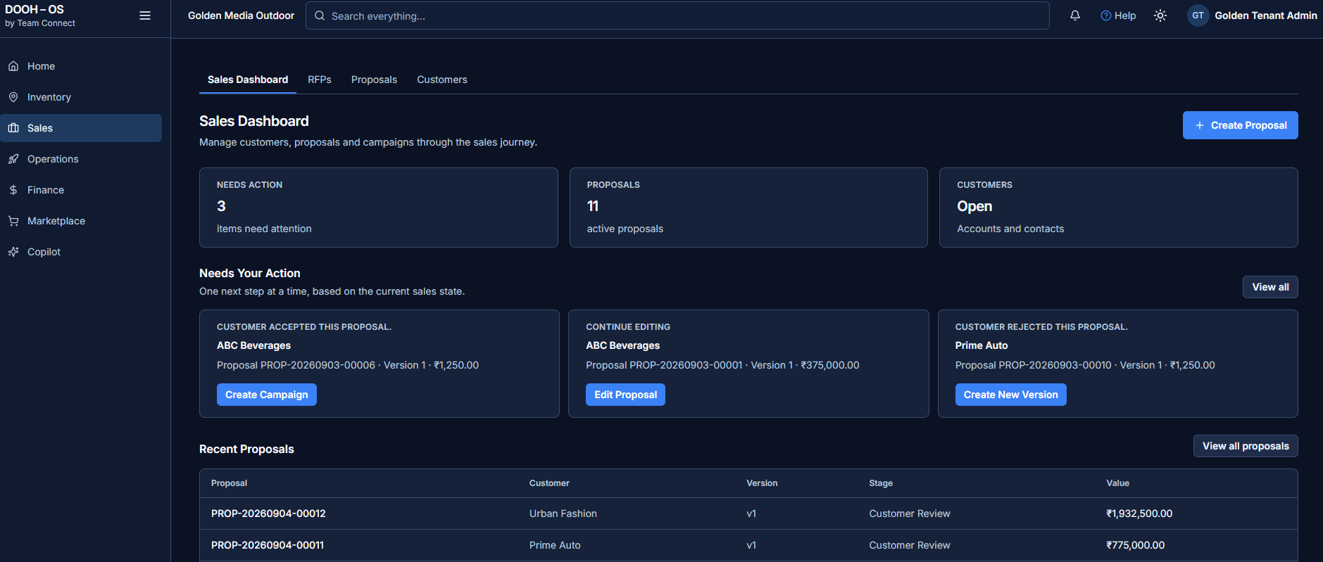 Sales dashboard showing needs-action cards, active proposal count and a recent proposals table